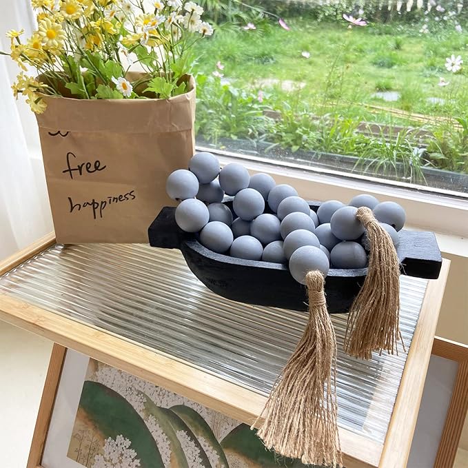 OMISHE 76" Long Extra Large Wood Bead Garland Grey with 1.6" Diameter Wooden Beads and Tassels, Rustic Farmhouse Country Decorative Beads for Home Tiered Tray Decor, Grey