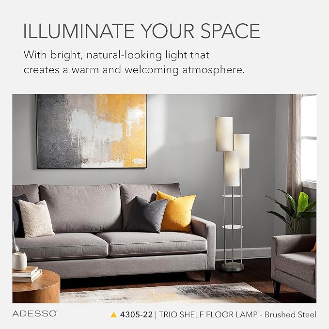 Adesso Trio Floor Lamp with Three Pull Chain Lights and Two-Tier Storage, Brushed Steel Base, White Linen Shades, 68” Tall, Enhances Room Decor and Lighting