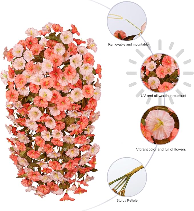 HyeFlora Artificial Fake Fall Hanging Flowers for Outdoor Decor, 2PCS Faux Silk Morning Glory Hanging Plants Mums Vine for Home Garden Wall Party Indoor Outside Decoration (Fall Orange+Light Orange)