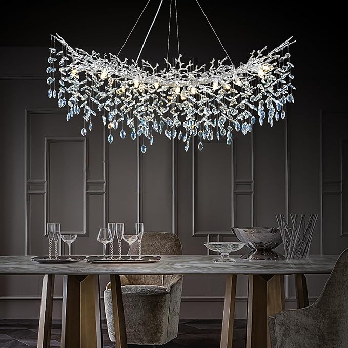 Modern Crystal Silver Chandelier, 55" Large Rectangular Oval Tree Branch Crystal Chandeliers for Dining Room,16-Light Flush Mount K9 Crystal Chandeliers, for Kitchen Island,Dining Room