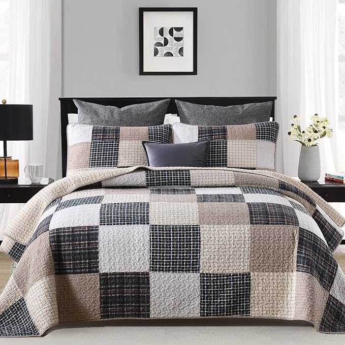 Y-PLWOMEN Quilt 100% Cotton King Size Quilt Set, Brown Khaki Black White Patchwork Plaid Bedspread, Lightweight Reversible Soft Summer Quilt Bedding Set, 3-Pieces