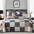 Y-PLWOMEN Quilt 100% Cotton King Size Quilt Set, Brown Khaki Black White Patchwork Plaid Bedspread, Lightweight Reversible Soft Summer Quilt Bedding Set, 3-Pieces