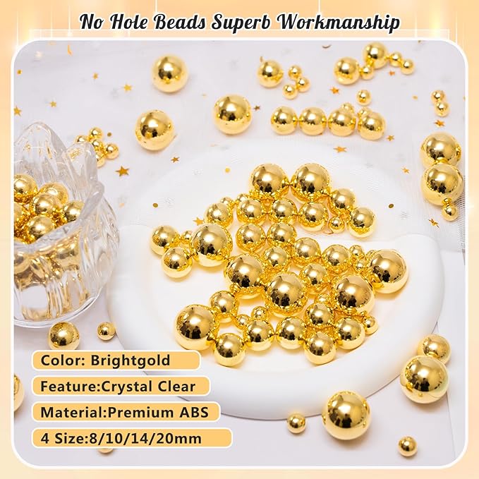 300Pcs Pearl Vase Filler, BrightGold No Hole Faux Pearl Beads for Centerpieces Vases, Candle Centerpieces, Wedding Birthday Party Home Decor 8/10/14/20mm