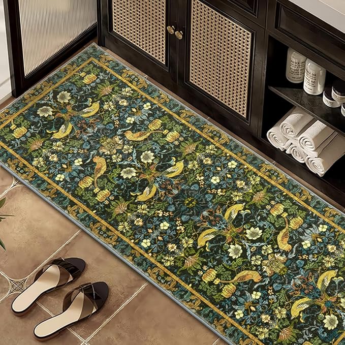Runner Rug - 2'6"x8' Boho Washable Kitchen Rug, Non-Slip Soft Low Pile Rugs Indoor for Hallway Living Room Bedroom Sunroom, Vintage Stair Carpet Stain Resistance (Dark Green, 2.5x8ft)