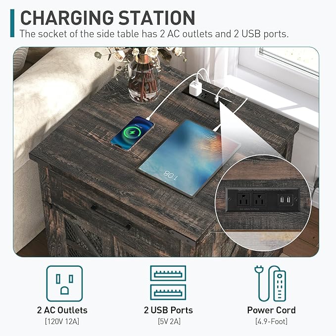 Farmhouse End Table Set of 2, 24" Large Sofa Side Table with Drawer, Large End Table for Living Room, Wooden Nightstand with Charging Station, Square, Dark Rustic Oak