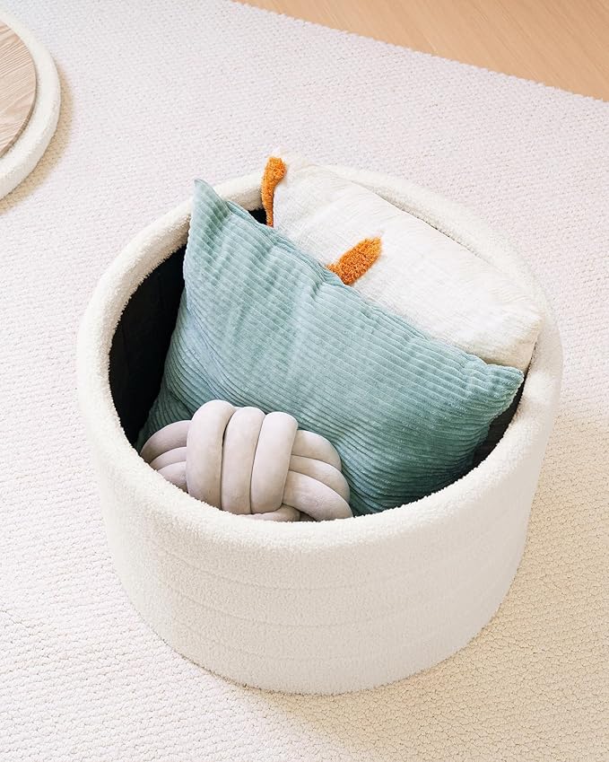 B FSOBEIIALEO Ottoman with Stroage, Round Sherpa Storage Ottoman Stool, Boucle Foot Rest22 x 22"x15.75" (White)