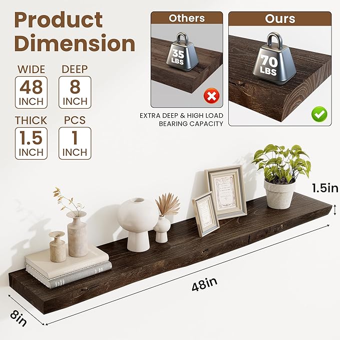 Floating Shelves, 8" Deep Rustic Solid Wood Wall Mounted Floating Shelves, Wall Shelves with Invisible Bracket for Living Room Bathroom Bedroom Kitchen, 48 Inch, Walnut