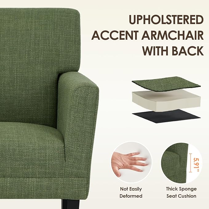 COLAMY Modern Accent Chair for Living Room, Upholstered Fabric Accent Armchair with Back, Soft Single Sofa Chair with Arms for Bedroom/Office/Reception Room, Green