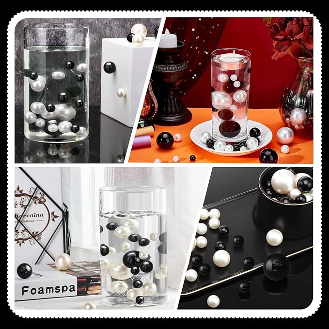 Black White Vase Filler | 150PCS Pearls Bead for Centerpieces Vases | 8/14/20 mm No Hole Beads, Fake Pearls for Wedding Birthday Theme Party Table Centerpieces Decor