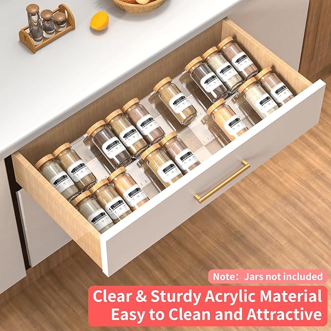 2-Tier Non-Slip Spice Drawer Organizer, 2-Pack Checkered Frosted Clear Acrylic, Expandable (11''-22'') Spice Rack for Kitchen Drawer Storage – Holds Seasonings, Herbs, and Spices (Jars Not Included)