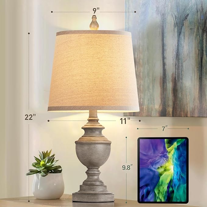 PARTPHONER Retro Table Lamps Set of 2, Bedside Lamp for Bedroom Rustic Farmhouse Table Lamps for Living Room, 22" Vintage Nightstand Lamps with White Shades, Antique Grey