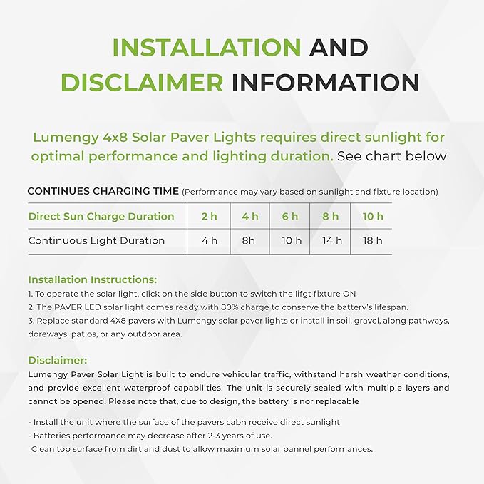 LUMENGY Solar Paver Light 4×8 inch, 2700K, Up to 18 Hours Continuous Lighting, Stainless Steel, Thick Glass, Glare-Free Illumination for Driveways, Pathways & Garden, Waterproof & Drive-Over Rated