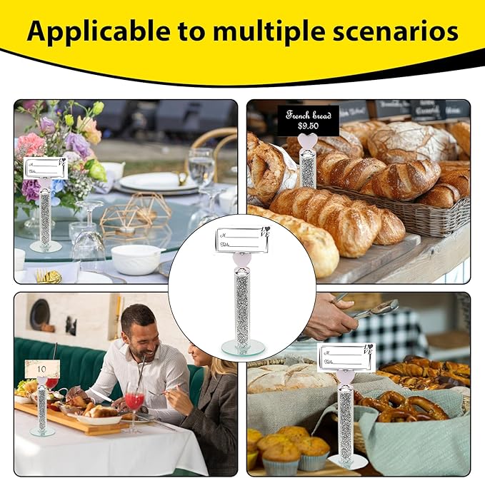 TACIDON 10Pcs Heart Table Number Holders with 10Pcs Table Numbers, Glamorous Crystal Crushed Diamond Place Card Holder, Table Card Holders for Home Wedding Dinner Party Events Decoration (Silver)