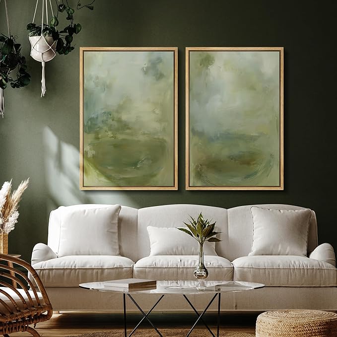 SIGNFORD Framed Canvas Print Wall Art Set Soft Green Abstract Contemporary Neutral Landscape Illustration Modern Art Decorative Nordic Nature for Living Room, Bedroom, Office - 24"x36"x2 Natural
