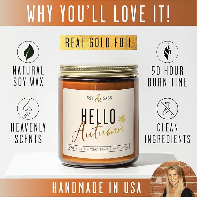 Fall Candles - ‘Hello Autumn’ Soy Fall Candle w/Apple, Cinnamon & Nutmeg I Infused with Essential Oils I Autumn Scented Candles I Cozy Décor Gifts I 9oz Jar I 50Hr Burn I Made in USA