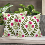 Alysheer Floral Embroidered Summer Decorative Throw Pillow Covers 20"x 20" Set of 2, Farmhouse Cottage Hot Pink Flowers Green Leaves Knit Pattern Cotton Canvas Cushion Case for Couch Bed Living Room