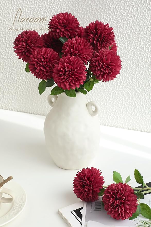 Floroom 12pcs Burgundy Faux Silk Mums Artificial Flowers Bulk Fake Chrysanthemums with Stems for DIY Wedding Table Centerpieces Floral Arrangements Vase Fillers Home Decorations