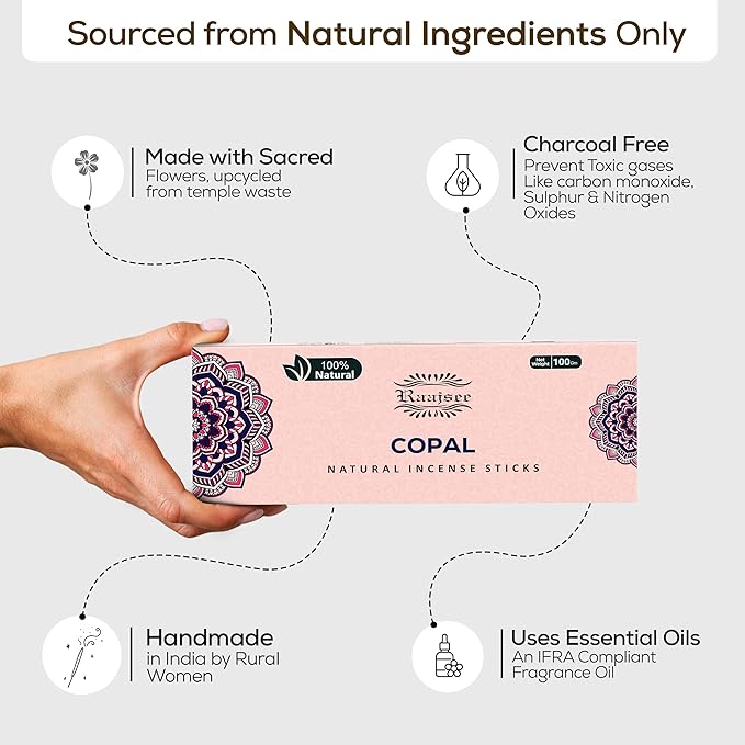 100% Natural Copal Incense Sticks 100 gm Pack, Charcoal Free –– Organic Non Toxic Insence Sticks, Made with Flowers - Meditation Gifts for Spiritual Cleansing