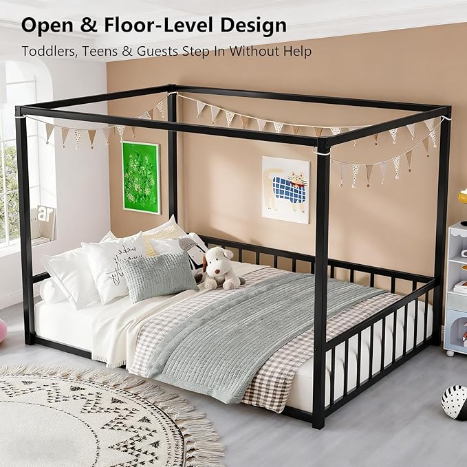 Canopy Floor Bed for Kids – Queen Size, Matte-Black Steel Frame with Safety Fence, Unisex Design for Boys & Girls, Box Spring Required, Quick Assembly (Queen)