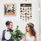 Picture Frames Brown Wood Collage Display Board with 30 Clips - Multip photo Cards Organizer with Adjustable Twines and Magnetic Chalkboard - Wall Hanging Picture Holder 15.7x5 Inch