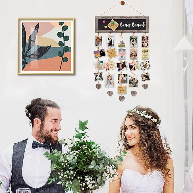 Picture Frames Brown Wood Collage Display Board with 30 Clips - Multip photo Cards Organizer with Adjustable Twines and Magnetic Chalkboard - Wall Hanging Picture Holder 15.7x5 Inch