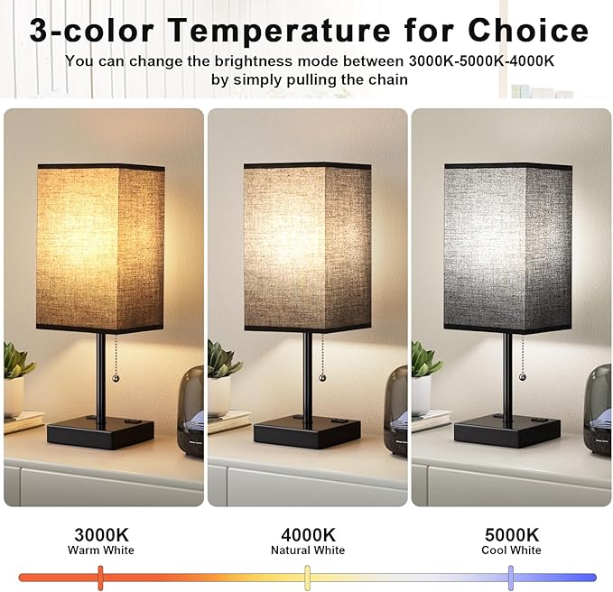 Plus Black Bedside Table Lamps Set of 2 - Bedroom Lamps with 3 Colors (3000K/5000K/4000K), Square Nightstand Lamp with USB C + A Charging Ports and 2 AC Outlets, Pull Chain Night Light for End Table