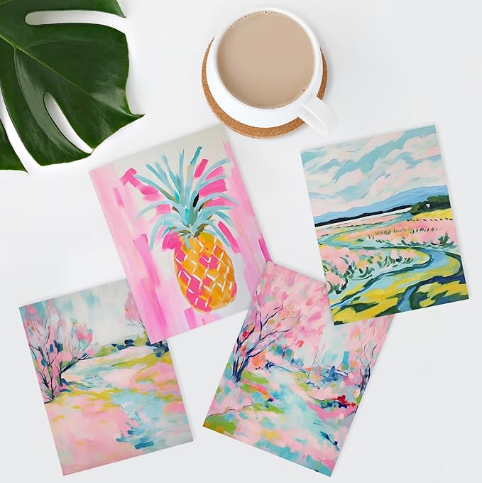 SIGNWIN Adhesive Canvas Poster Vibrant Landscape and Pineapple Colorful Preppy Room Decor Pink Decor Digital Art Modern Art Decorative Multicolor Scenic for Bedroom - 8"x10"x 4