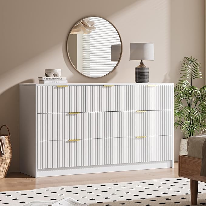 White 7 Drawer Dresser for Bedroom, Modern Fluted Dresser with Gold Metal Handles, Wide Chest of Drawers for Bedroom,Living Room, Entryway, Hallway, 55.9" L x 15.7" D x 31.4" H