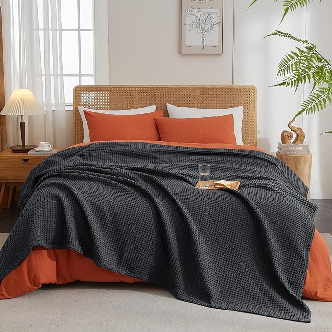 PHF Ultra Soft Waffle Weave Throw Blanket 50"x 60"- Washed Lightweight Breathablee Cozy Woven Blanket - Great for Couch Bed Sofa Home Car - Black