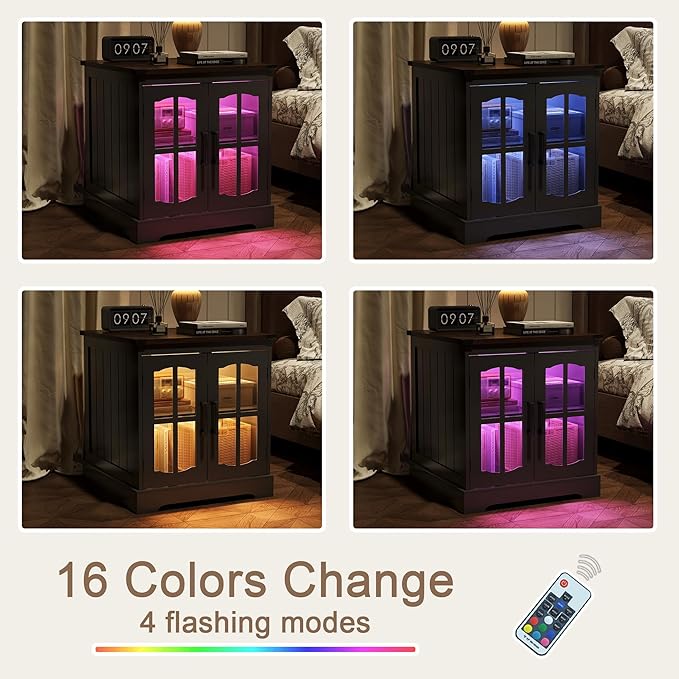 ChooChoo Farmhouse End Table Set of 2, 24" Large Sofa Side Table with Charging Station & LED Light, Black Nightstand with Adjustable Storage Shelf, Square Bedside Table for Living Room