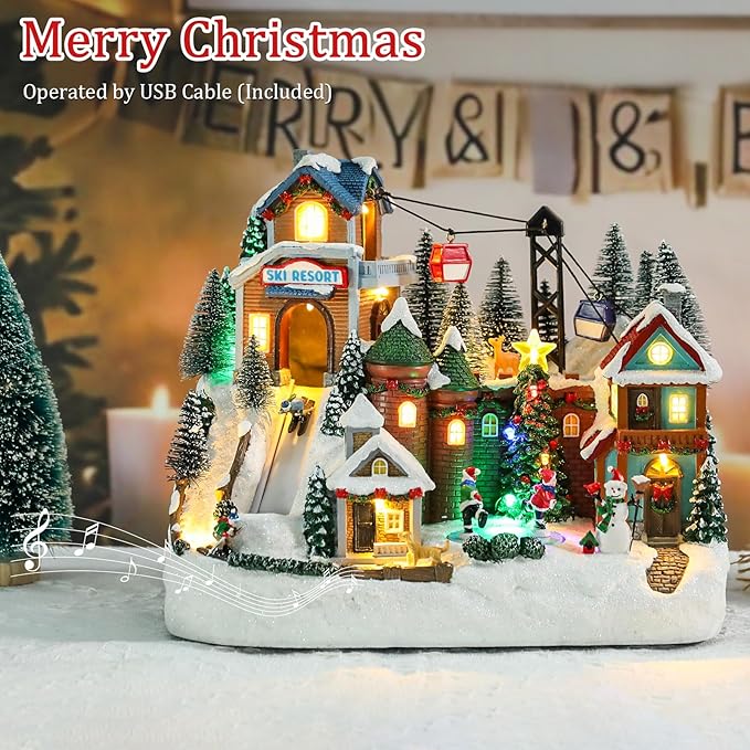 VCUTEKA Animated Christmas Village Houses, Lighted Musical Ski Resort Scene with Ice Skating Rink, Ski Lift, Snowman, Victorian Xmas Village Collectible Building Decoration for Holiday Table Display