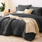CozyLux Oversized King Comforter Set Dark Grey Seersucker 7 Pieces Bed in a Bag King Comforter Set with Sheets, Luxury Soft Bedding Set with Down Alternative Comforter, Sheets, Pillowcases & Shams