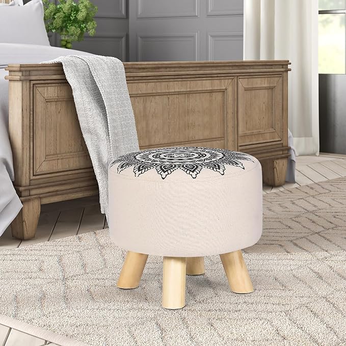 Asense Small Round Ottoman Foot Rest Stool Linen Padded Seat Footstool Ottoman with Anti-Slip Wooden Legs (White+Black,Linen)