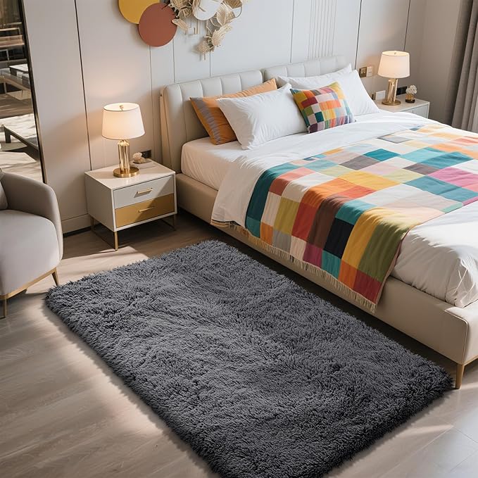 Shag Area Rug for Bedroom 3x5,Deep Grey Fluffy Area Rugs for Living Room,Soft Fuzzy Rug Non-Shedding Indoor Plush Carpet for Kids Bedroom Nursery Dorm Home Decor