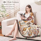 Boho Throw Blanket, 100% Cotton Ultra Soft Luxury Throw Rustic Quilt, 80"x90" Floral Printed Farmhouse Decor Bed Summer Blankets, All Season Rustic Reversible Bohemian Throw for Bed - White