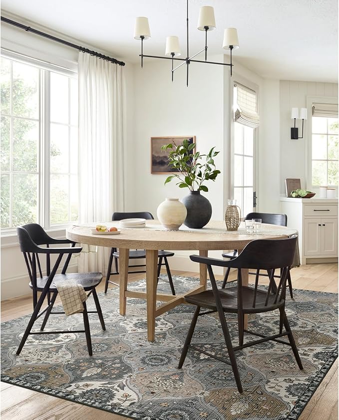 Lahome Moroccan Washable Area Rug 6x9, Ultra-Thin Large Living Room Rugs for Bedroom, Oriental Trellis Distressed Non Shedding Throw Carpet for Dining Room Office, Grey