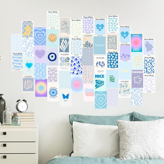 Minimalist Wall Art for Blue Room Decor Aesthetic, 50pcs Danish Pastel Collage Kit Aesthetic Pictures, Posters, Matisse Posters and Dorm