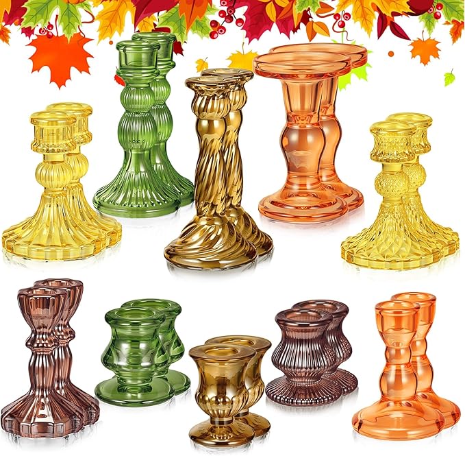 Mumufy 20 Pcs Glass Crystal Taper Candle Holders Clear Glass Candlestick Holder Fit 0.8 Inch Candles Crystal Decorative Candle Stand Centerpiece Table Wedding Dining Party(Fall Color)