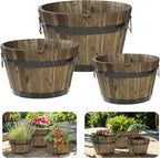 IDZO Set of 3 Wooden Flower Planters for Outdoor Plants, Acacia Wood Barrel Planters, Ergonomic Handles, Drainage Holes, Various Sizes, Walnut