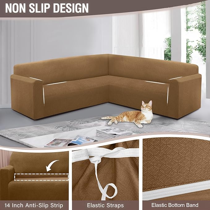 HDCAXKJ Sectional Couch Cover L Shape Stretch Sofa Covers Washable Jacquard Corner Couch Slipcover Non Slip Sectional Slip Cover U Shaped Furniture Protector for Pets Dogs (Light Brown, Small)