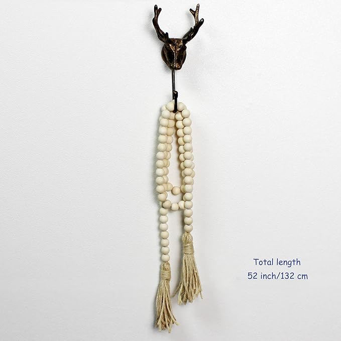 CVHOMEDECO. Wood Beads Garland with Tassels Farmhouse Rustic Wooden Prayer Bead String Wall Hanging Accent for Home Festival Decor. Natural