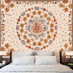 Boho Floral Mandala Tapestry Wall Hanging Watercolor Bohemian Flower Medallion Tapestry Aesthetic Beige Orange Hippie Indian Extra Large Tapestries for Bedroom Living Room Dorm Decor 90 x 68 Inch