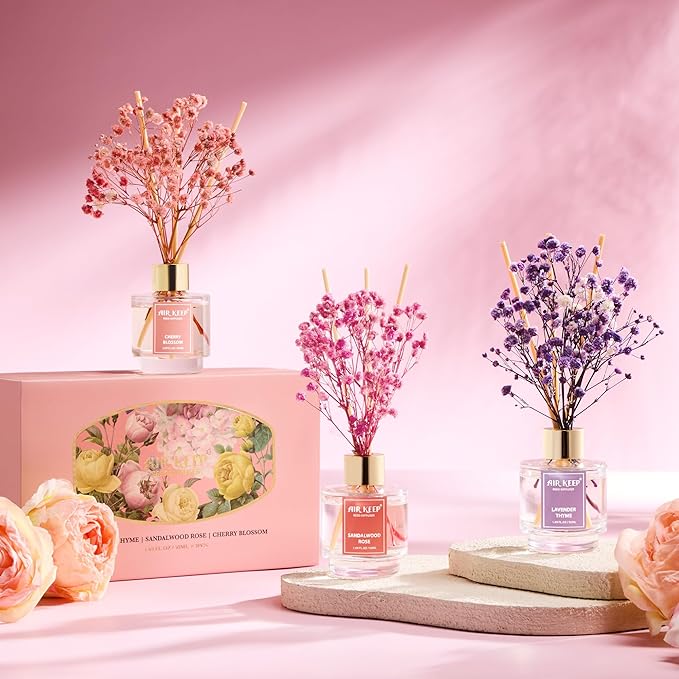 Airkeep Reed Diffuser Set of 3, Lavender Thyme Sandalwood Rose Cherry Blossom Oil Reed Diffusers for Bedroom Living Room Office Aromatherapy Oil Reed Diffuser for Gift 50ml x 3