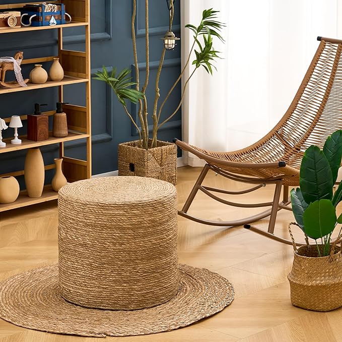 Wimarsbon 18'' Ottoman Pouf, Natural Braided Poof, Rustic Handweave Lounge Pouffe, Boho Footrest Stool for Bedroom, Accent Table for Living Room (18inch Natural Cattail)
