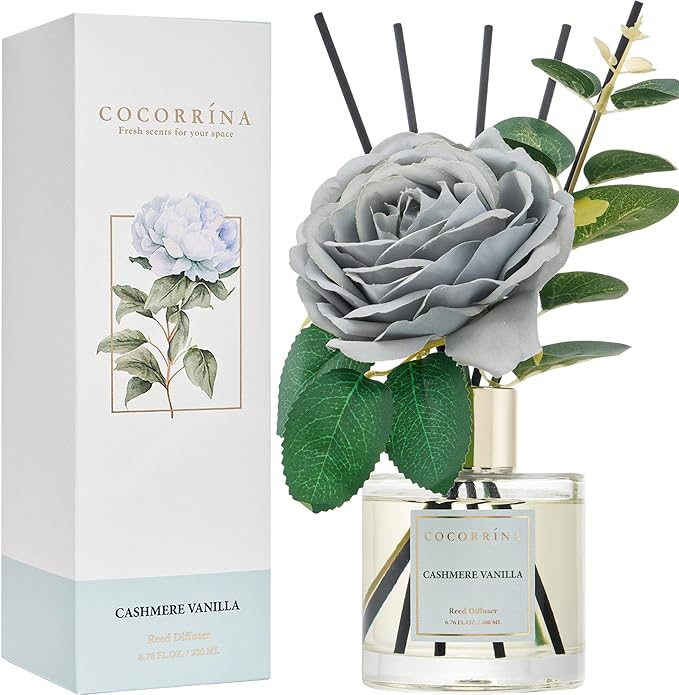 Cocorina Reed Diffuser Set, Flower Reed Diffuser Cashmere Vanilla, Scented Diffuser with Sticks Home Fragrance Essential Oil for Bathroom Shelf Decor, Living Room, Large Room, Rose/6.7 Ounce/1pack