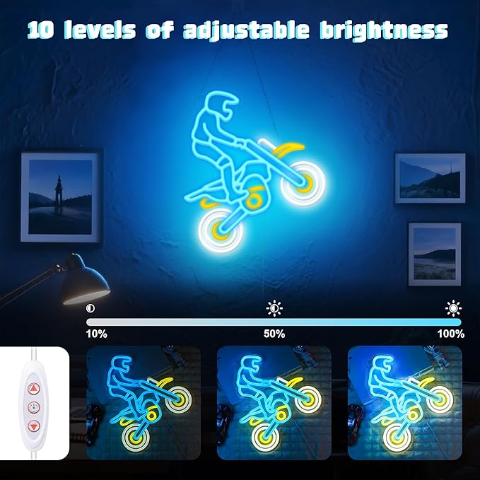 Dirt Bike Neon Signs for Wall Decor, Motercycle Neon Lights for Boys Bedroom Game Room Man Cave Garage Decor, 5V USB Power with Hanging Chain Hooks