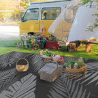 GENIMO Outdoor Rug 10' x 14' Waterproof for Patios Clearance, Reversible Outdoor Plastic Straw Camping Rug Carpet, Large Area Rugs Mats for RV, Camper, Deck, Balcony, Porch, Beach, Picnic, Black&Grey
