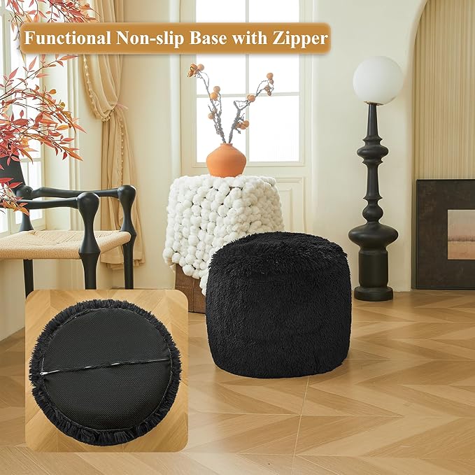 XeGe Fluffy Faux Fur Inflatable Pouf Ottoman, Comfy Portable Shaggy Fuzzy Foot Stool Anti-Slip, Plush Foot Rest Floor Pouf Home Decorative, Round Ottoman Cushion for Living Room Bedroom, Black