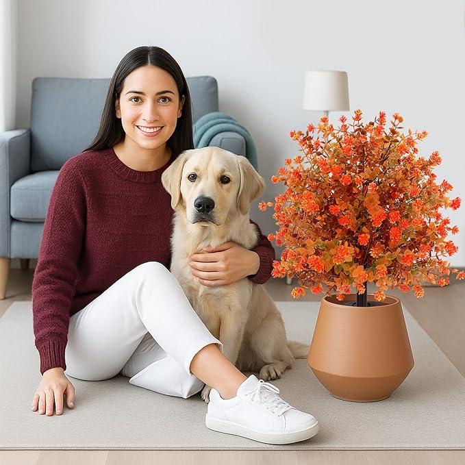 Artificial Topiary Ball Trees with Ground Spikes UV Resistant Faux Greenery Shrubs Fake Shrubs for Outdoors, Realistic Faux Plants Bushes for Garden Porch Yard Patio Decor (Orange Eucalypt)