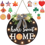 Interchangeable Welcome Sign for Front Door with 14 Changeable Icons, Farmhouse Front Porch Decor Rustic Wooden Wall Sign with 12 LED Lights, Outdoor Seasonal Welcome Home Decorations (Black1)